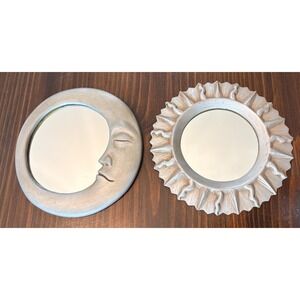 VTG Celestial Man in Moon and Sunburst Sun Framed Wall Mirror Set 5.5" ea